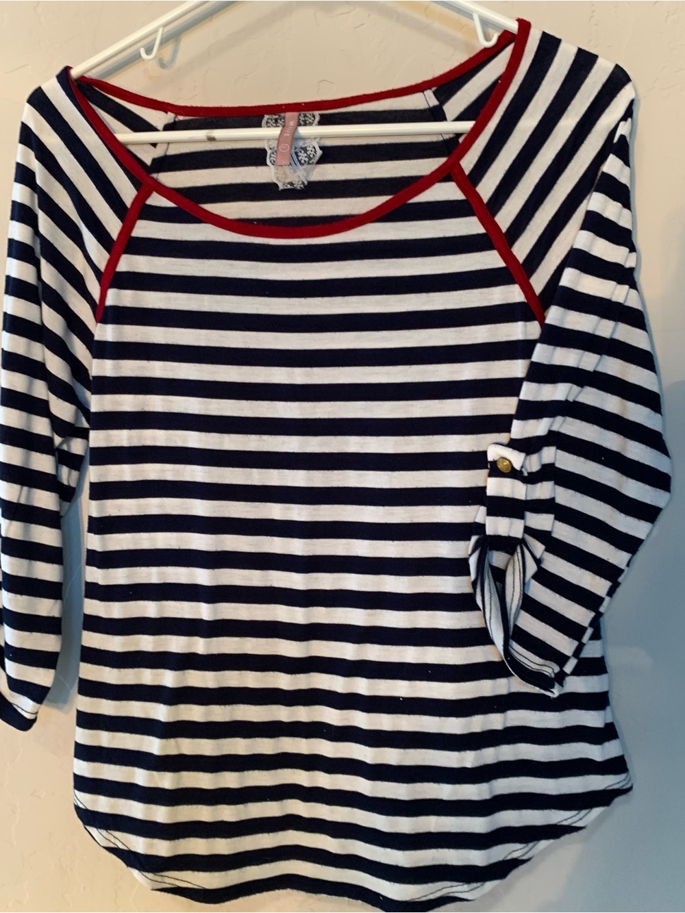 Mauve Navy & White Striped Long Sleeve Top with Red Trim size Large